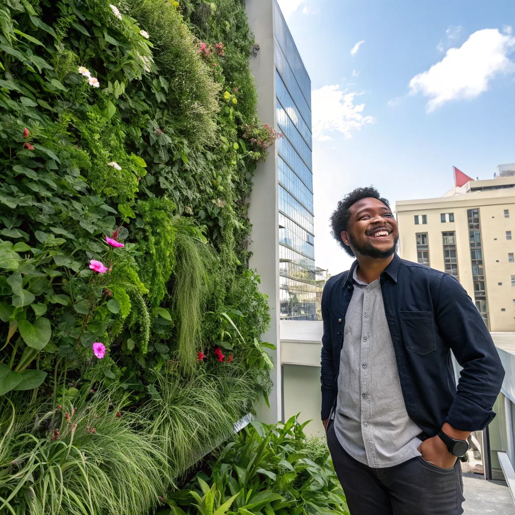 Happy man with a vertical garden