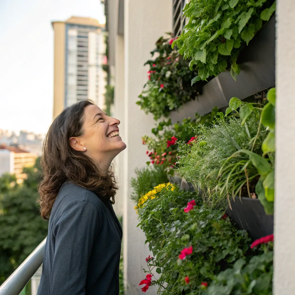 Smiling woman enjoying her vertical garden